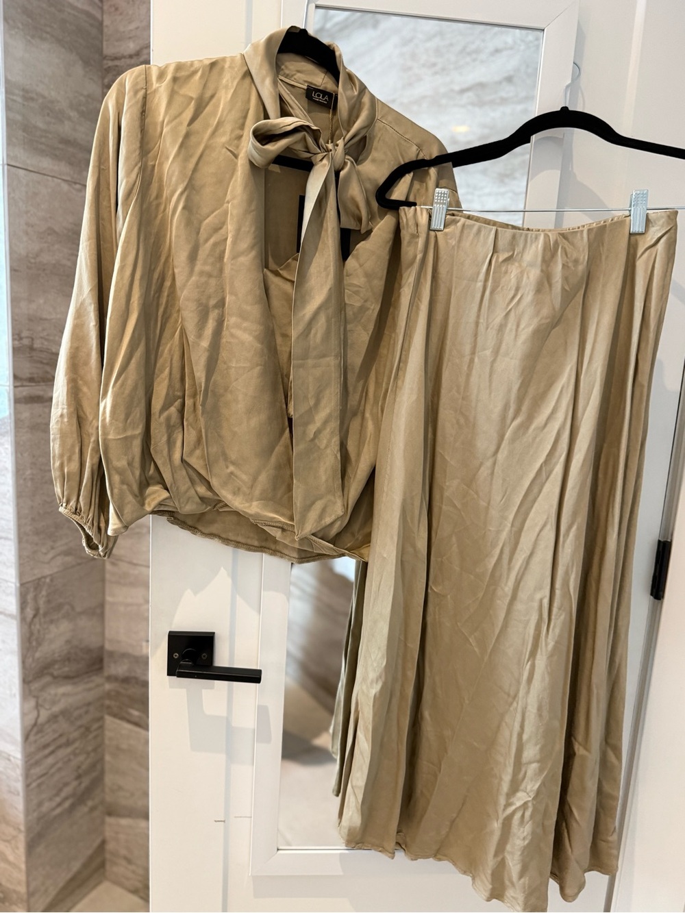 lola Champagne Satin Wide-Leg Jumpsuit Set with Tie Neck